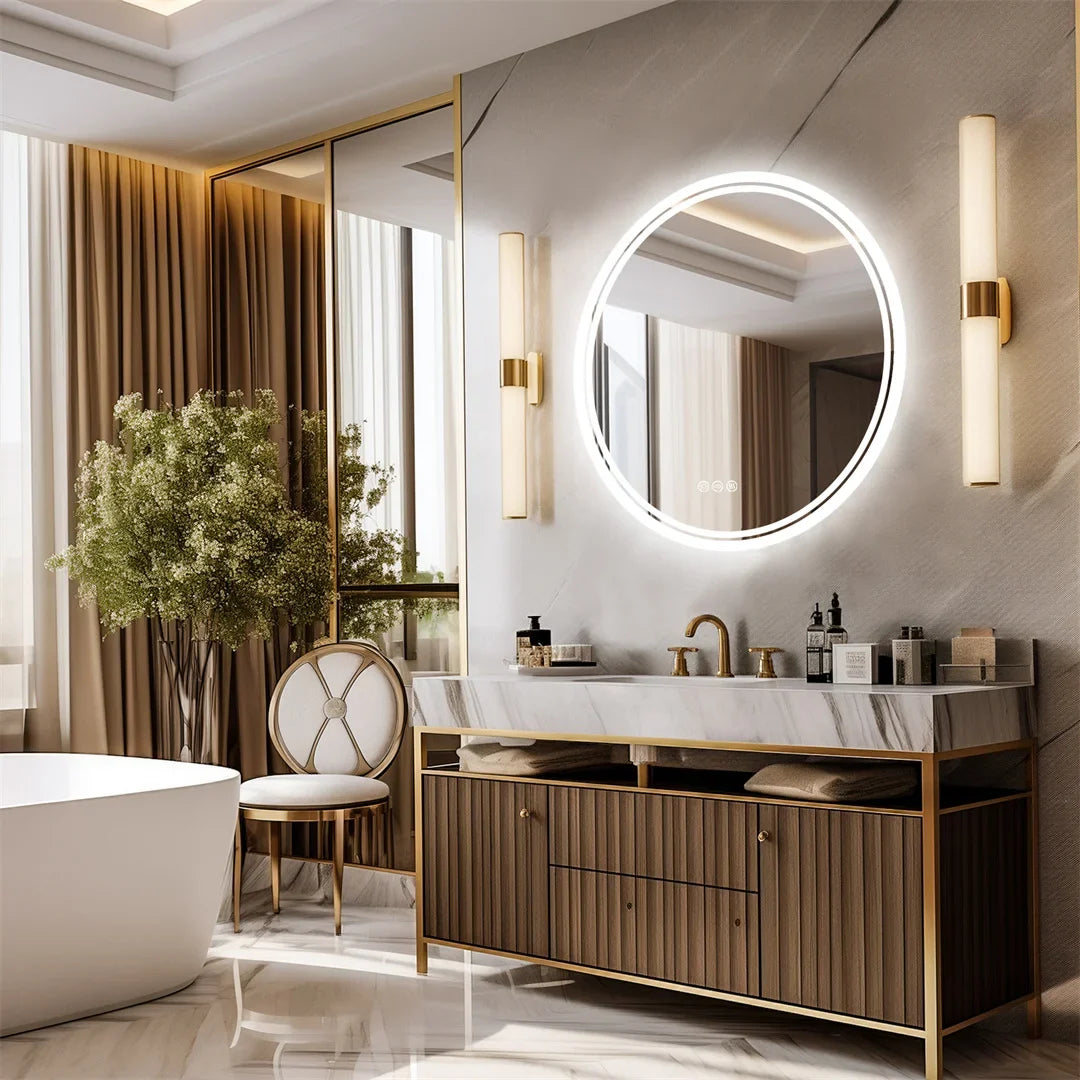 LuvoRound | Round LED Bathroom Mirror | Anti-Fog & Dimmable Touch Screen | Adjustable Anti-Fog