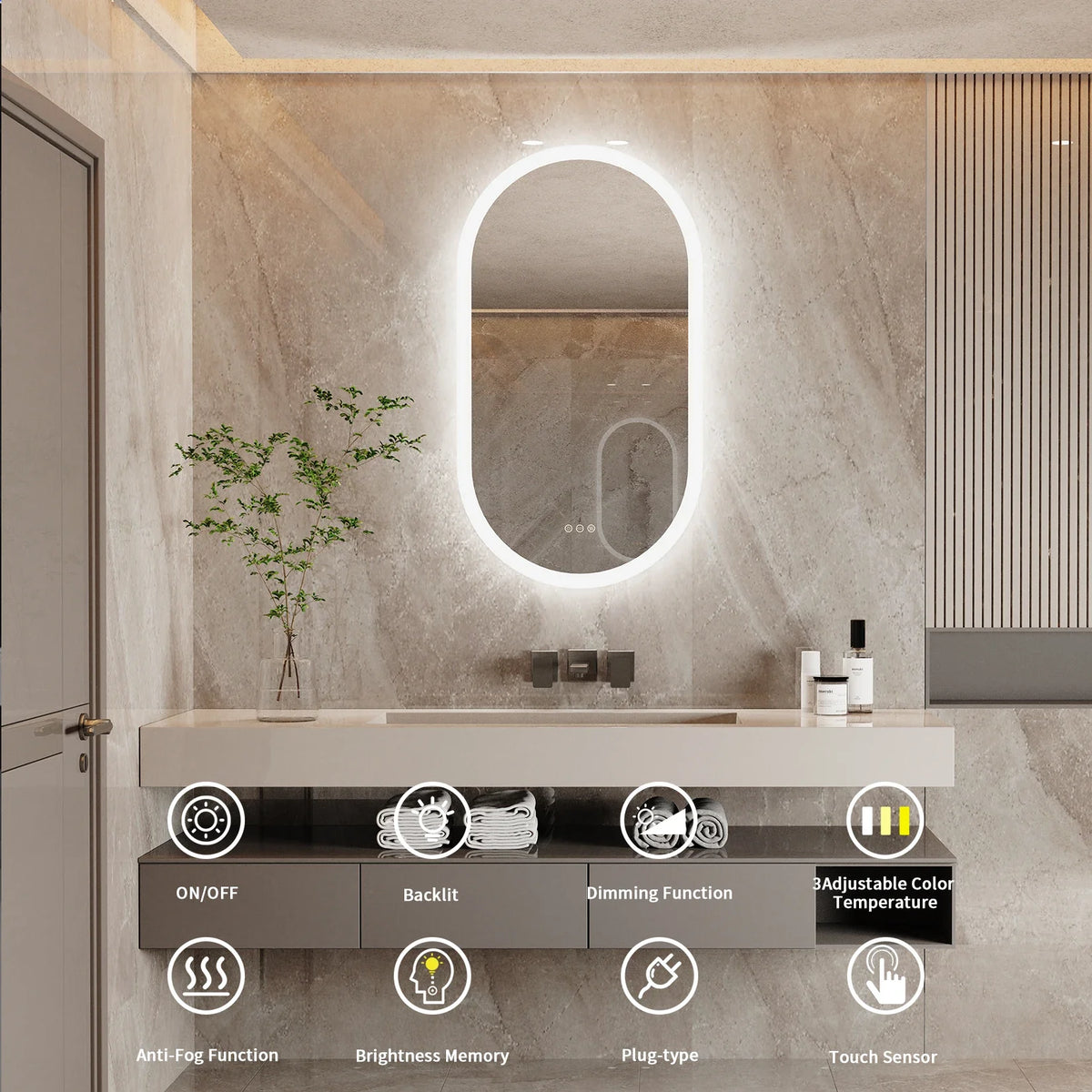 LumoOval | Oval LED Bathroom Mirror | Anti-Fog & Dimmable Backlit Design | Touch Control