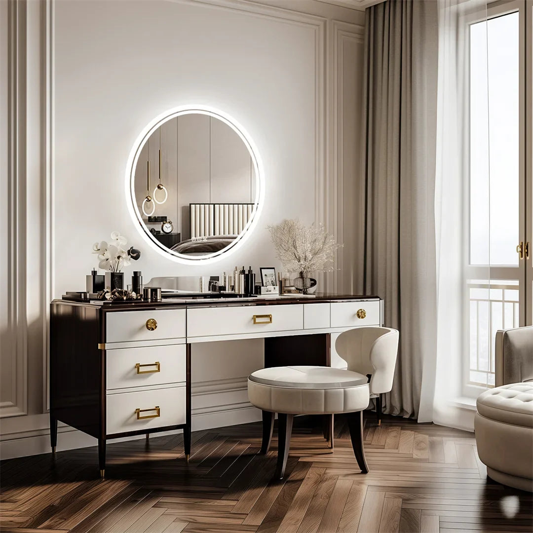 LuvoRound | Round LED Bathroom Mirror | Anti-Fog & Dimmable Touch Screen | Adjustable Anti-Fog