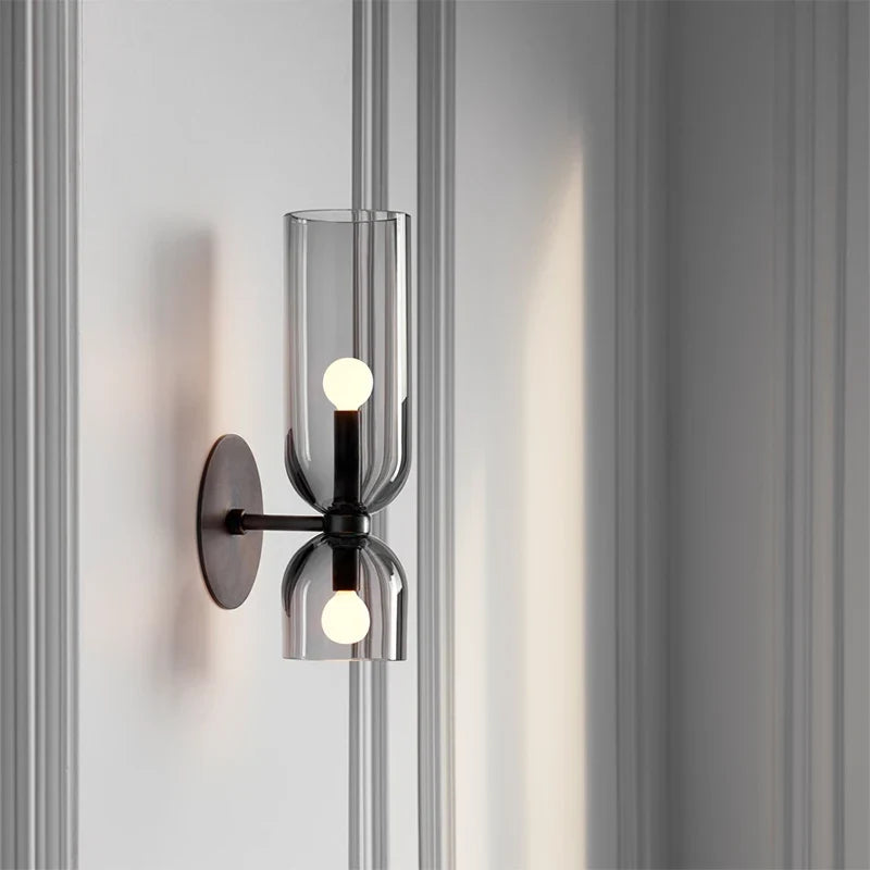 Nordic Glass Wall Lamp | Smoked Tube Design | Wall Light Metal Bedroom