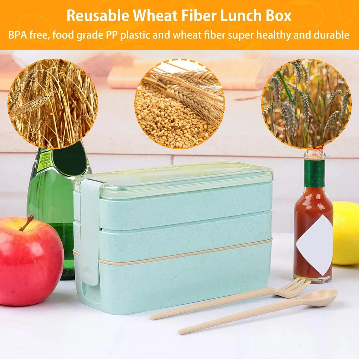 EcoStack | 3-Tier Bento Lunch Box | Wheat Straw 900 ml | Kitchen Essential Leak-Proof
