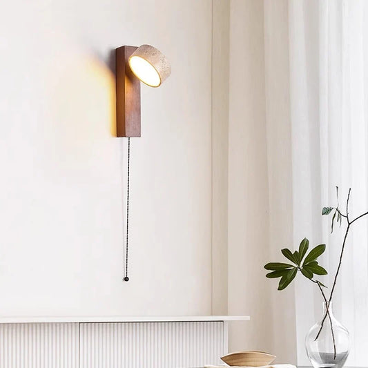 Éclat Wall Lamp | French Wabi-Sabi Headboard Light with Pull Switch | Travertine Stone Wood