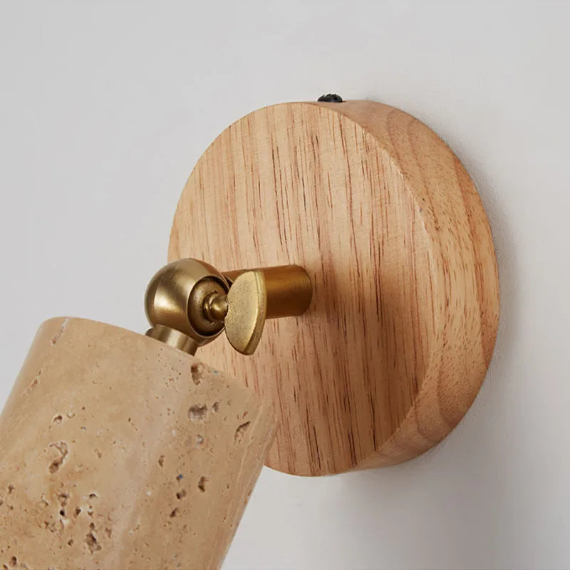 Huangdong Wall Lamp | Wabi-Sabi Travertine & Wood Light | Travertine Stone Adjustable Bedroom