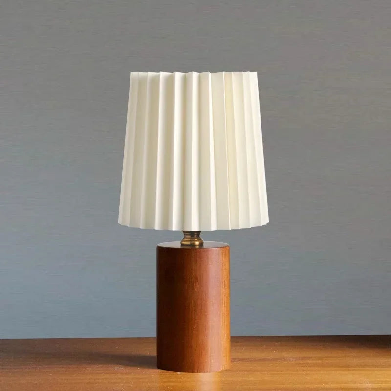 Medieval Pleated Table Lamp | Nordic Wood Base Design | Handcrafted Vintage-inspired Bedside