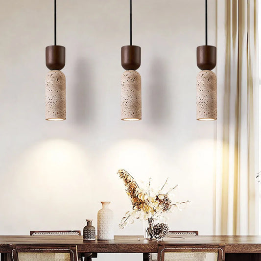 Wabi-Sabi Travertine & Wood Pendant Light | Japanese Minimalist Bedside Lighting | Walnut
