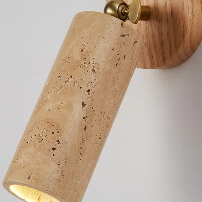 Huangdong Wall Lamp | Wabi-Sabi Travertine & Wood Light | Travertine Stone Adjustable Bedroom