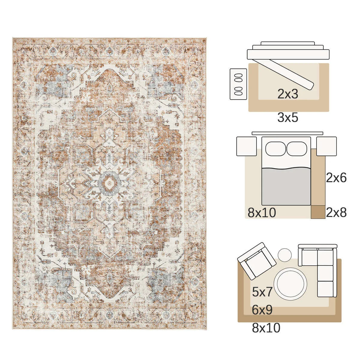 Heritage Medallion Rug | Foldable Non-Slip Oriental Style Carpet | Mat Adjustable Non-Slip