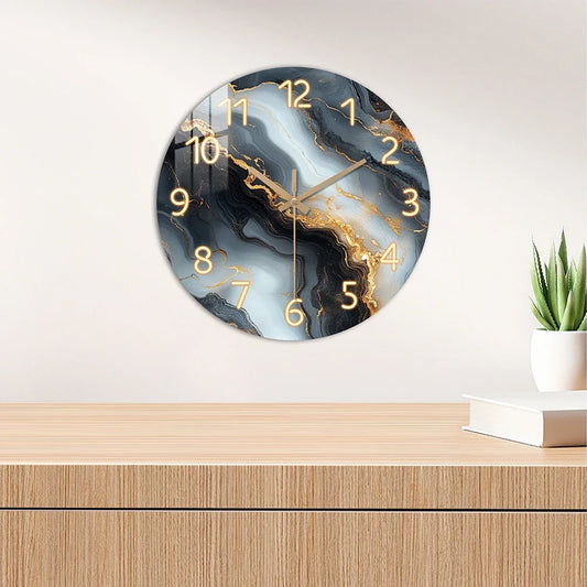 Blue & Gold Marble Wall Clock | Silent Wooden Design | Wood Kitchen