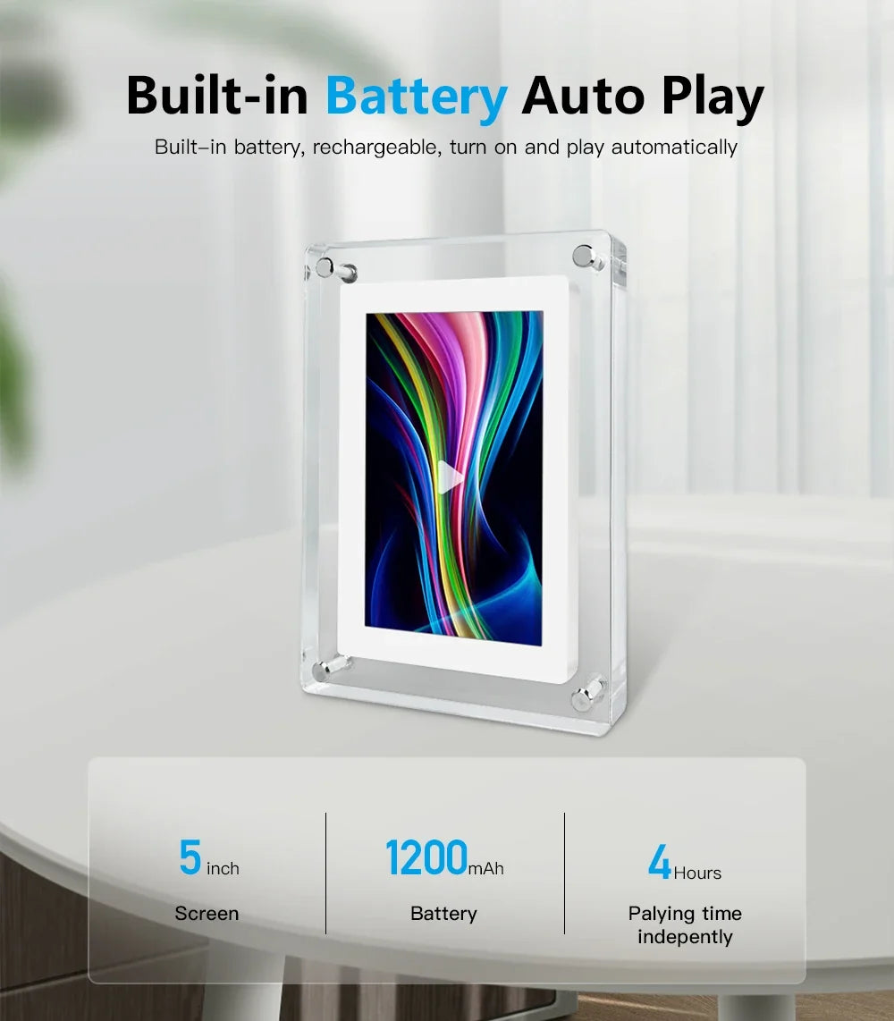 ClearFrame | Acrylic Digital Photo Frame | Portable IPS Display with Built-in Battery | Shelf