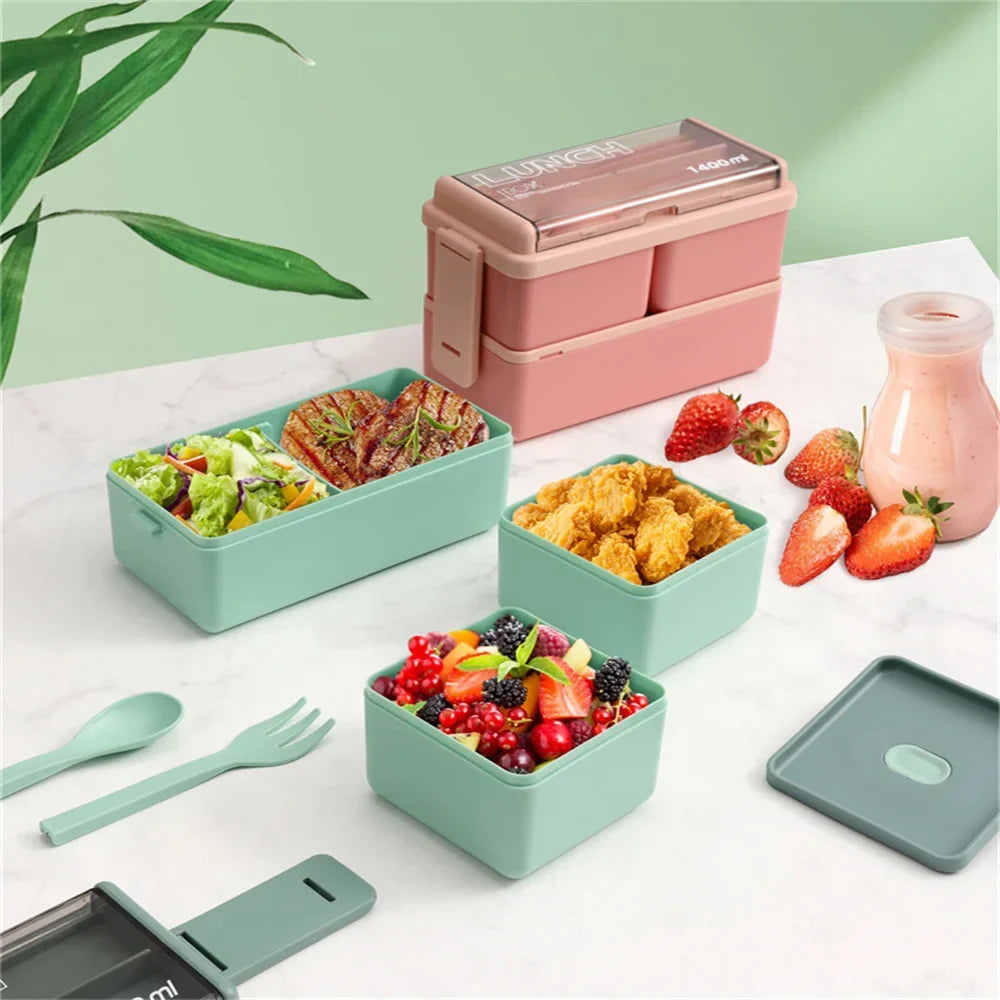 1400ml Double Layer Bento Box | Portable Lunch Box with Fork & Spoon | Microwave Safe Food