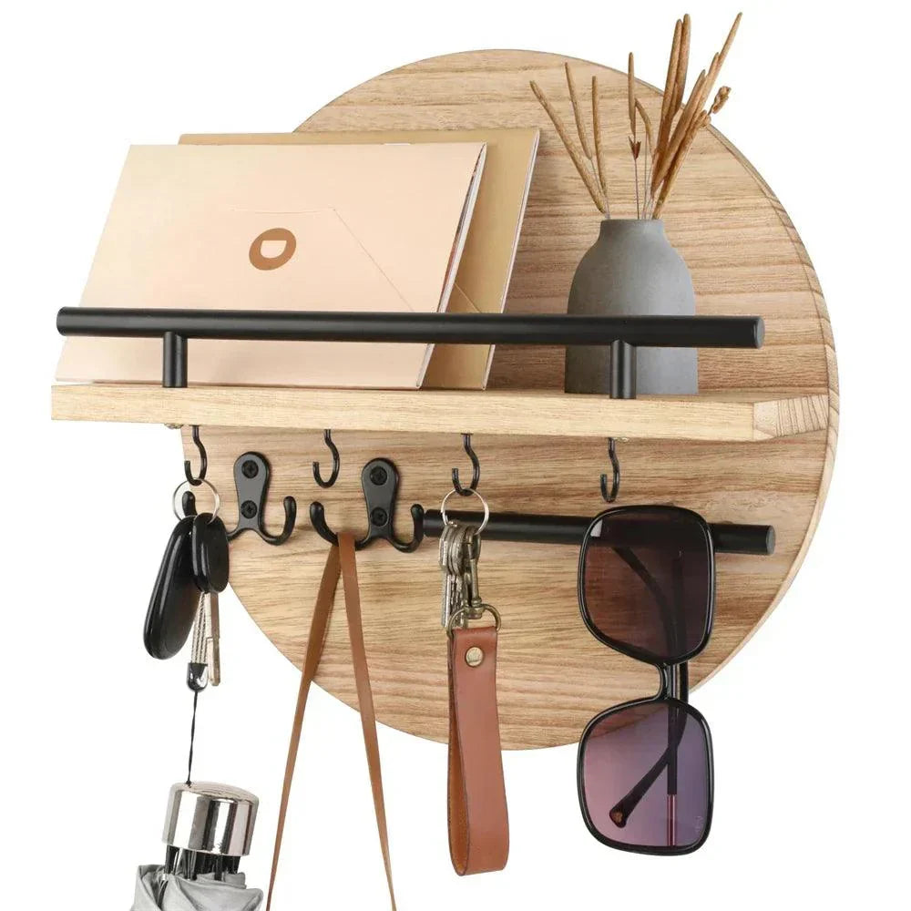 Round Wooden Key Holder | Stylish & Eco-Friendly Wall Organiser | Wood Metal Hallway