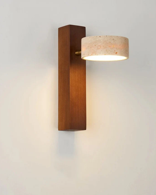 Travertine Wall Lamp | Modern Stone & Wood Sconce | Wall Light Walnut Mid-century Bedroom