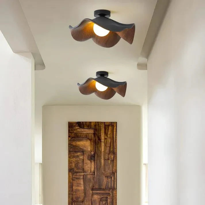 Scandinavian Wooden Lotus Ceiling Light | Resin & Iron Modern Flush Lamp | Wood Nordic Bedroom