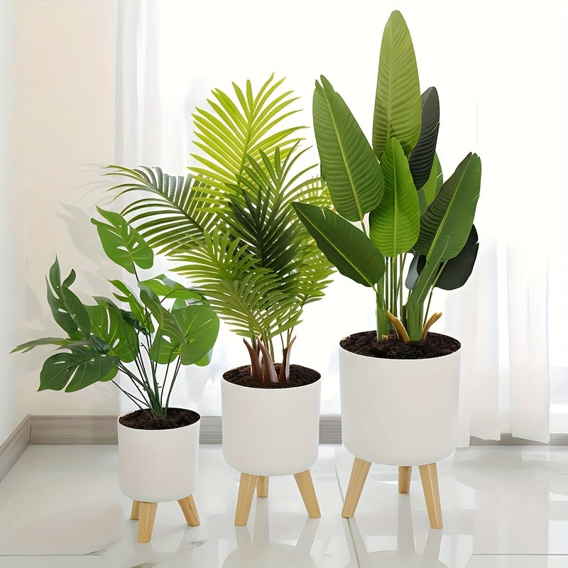 Modern Round Planter with Wooden Legs | Indoor & Outdoor Decorative Plant Pot | Wood Nordic