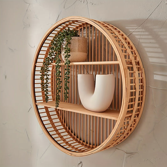 Round Bamboo Wall Shelf | Handmade Boho Floating Organizer | Wall Organiser Wood Handcrafted