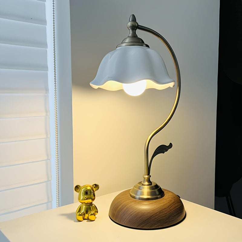 Vintage Goose Neck Table Lamp | Antique Brass USB Bedside Light | Glass Rechargeable