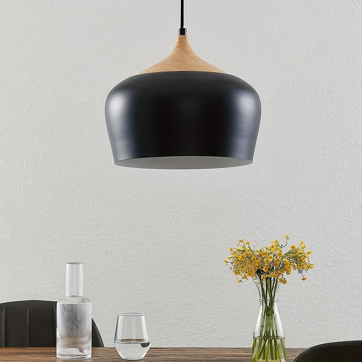 Modern Scandinavian Pendant Light | Iron & Wood Grain Design | Nordic Dining Room