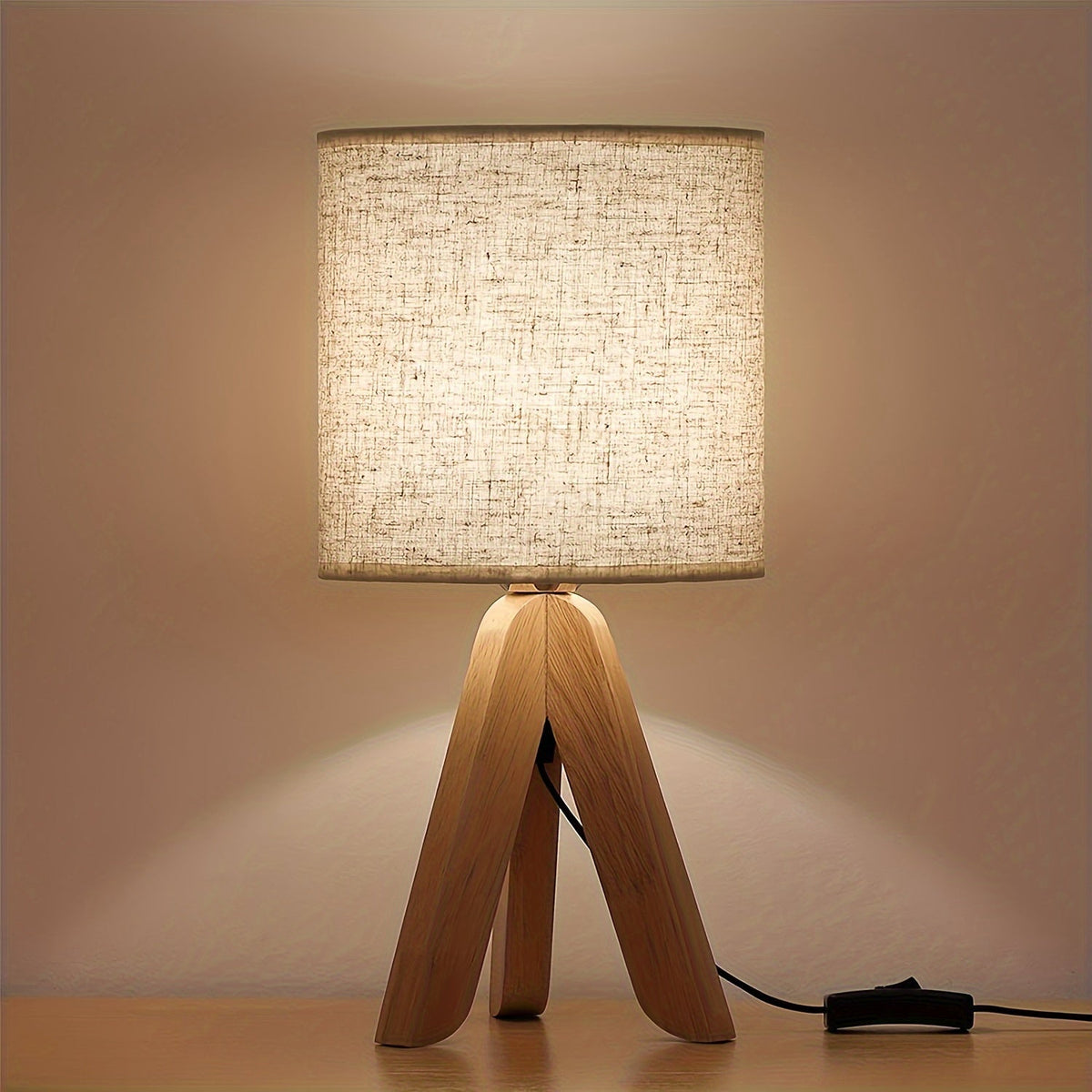 Nordic Wooden Tripod Table Lamp | Fabric Shade | Wood Woven Linen Bedside