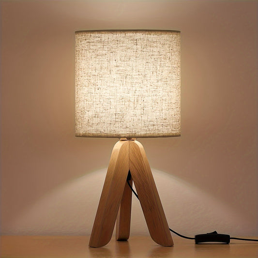 Nordic Wooden Tripod Table Lamp | Fabric Shade | Wood Woven Linen Bedside