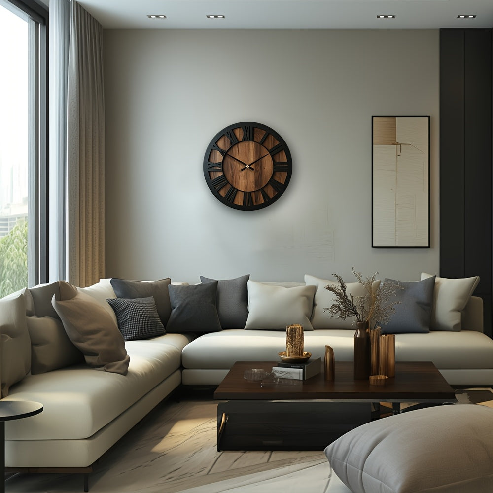 Vintage Wooden Wall Clock | Roman Numeral Design | Wood Metal Silent Vintage-inspired Kitchen