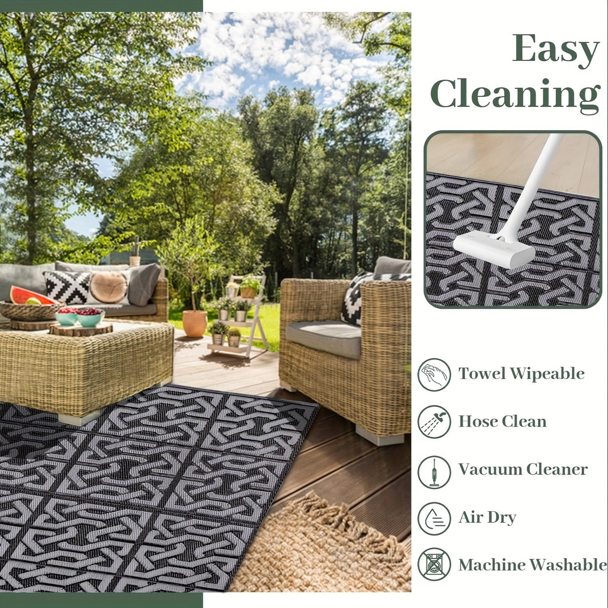Reversible Outdoor Rug | Black & Grey Modern Patio Mat | Water-Resistant Adjustable Entryway