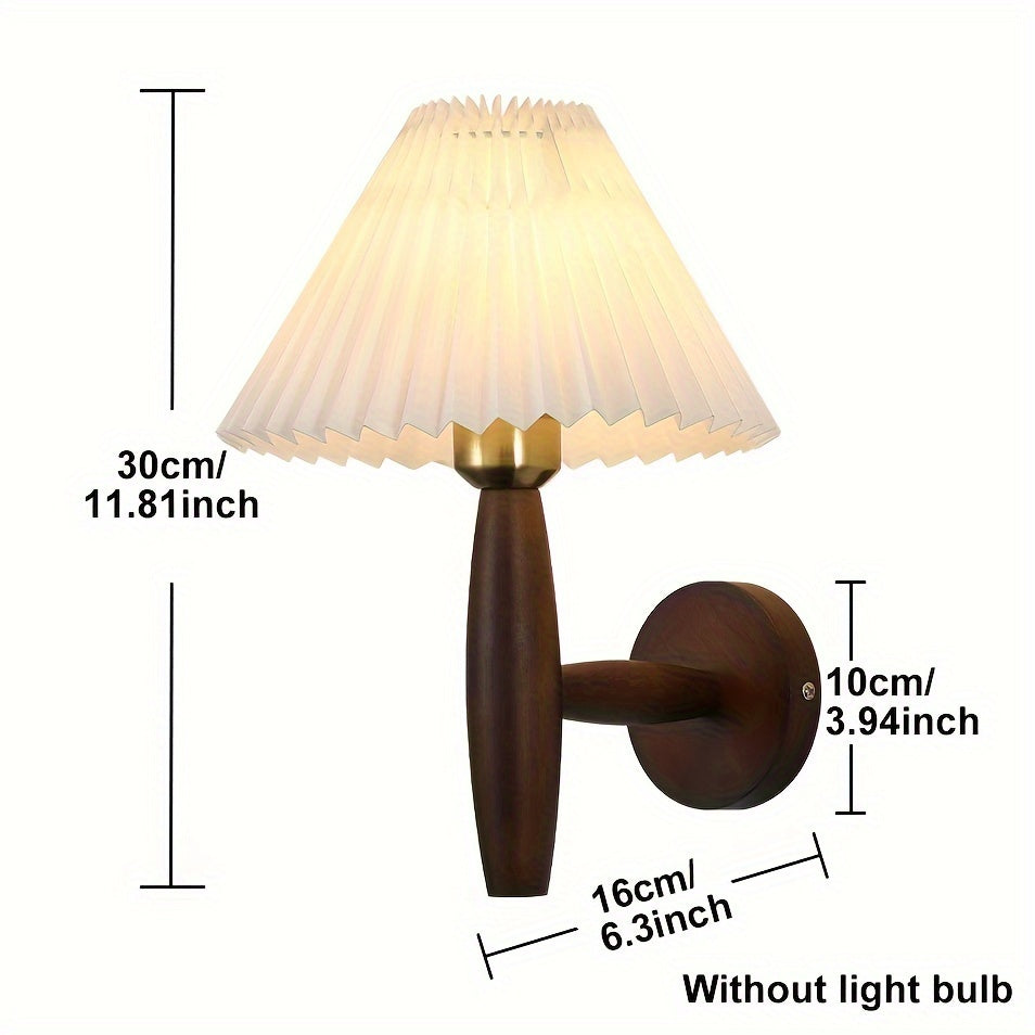 Nordic Wooden Wall Sconce | Retro Bedside Wall Lamp with Pleated Shade | Wall Light Wood