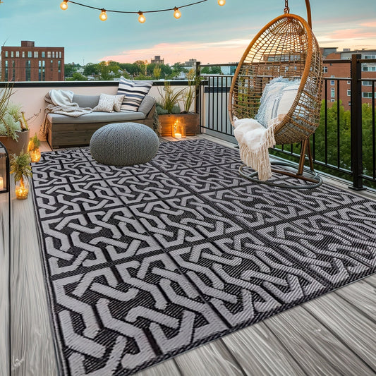 Reversible Outdoor Rug | Black & Grey Modern Patio Mat | Water-Resistant Adjustable Entryway