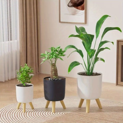 Modern Round Planter with Wooden Legs | Indoor & Outdoor Decorative Plant Pot | Wood Nordic