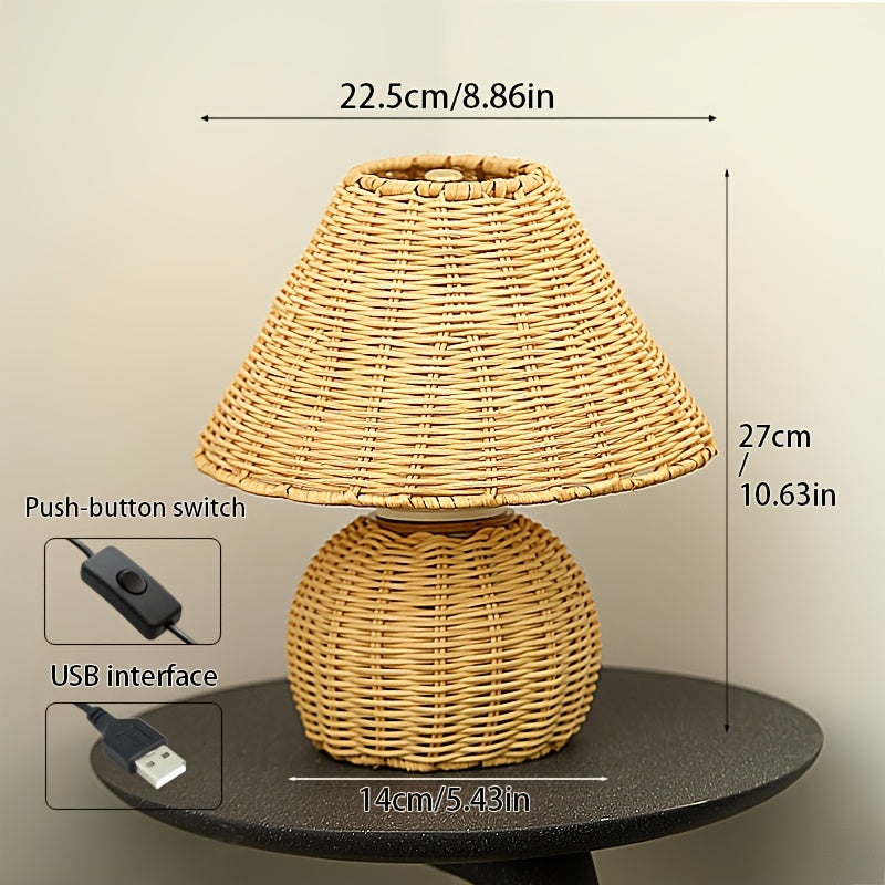 Bamboo Woven Desk Lamp | USB-Powered Boho Accent Light | Rechargeable Handcrafted Bohemian