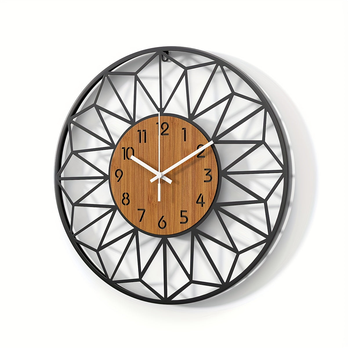 Modern Metal Wall Clock | Wood Grain Centre Design | Silent Industrial Kitchen