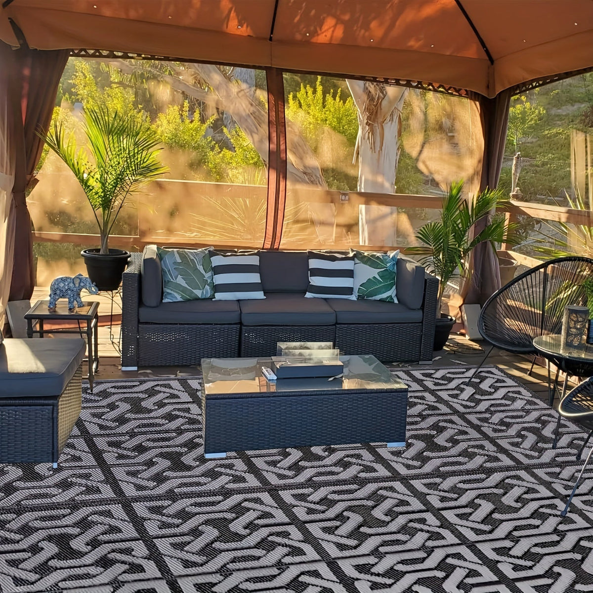 Reversible Outdoor Rug | Black & Grey Modern Patio Mat | Water-Resistant Adjustable Entryway