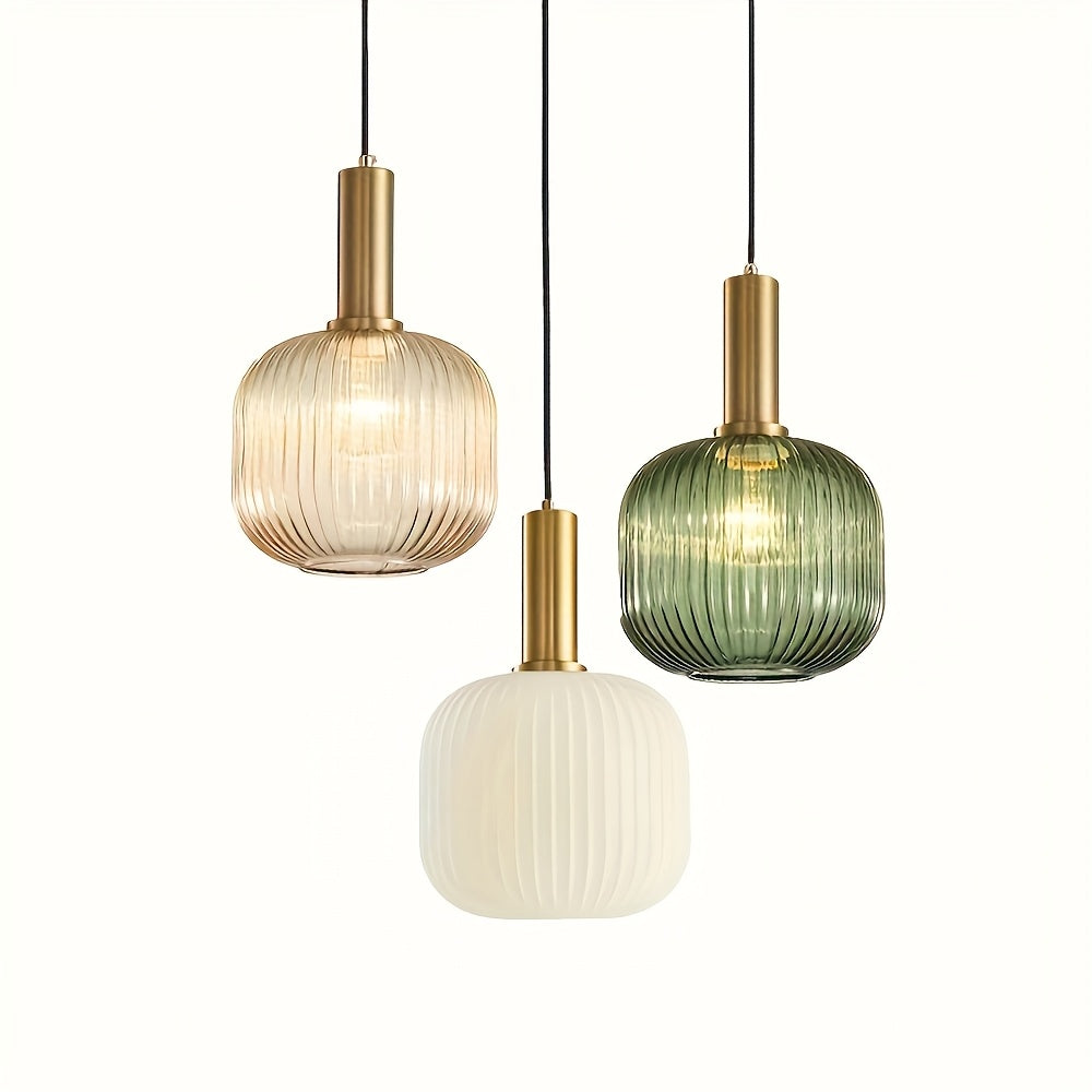 Modern Striped Glass Pendant Light | Brass & Ribbed Glass Shade | Dining Room