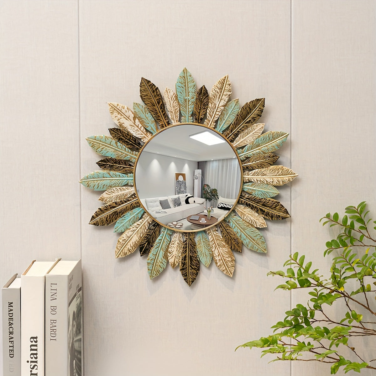 Bohemian Sunburst Metal Wall Mirror | Teal & Gold Leaf Design | Handcrafted