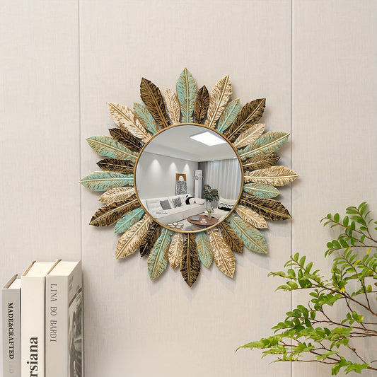 Bohemian Sunburst Metal Wall Mirror | Teal & Gold Leaf Design | Handcrafted