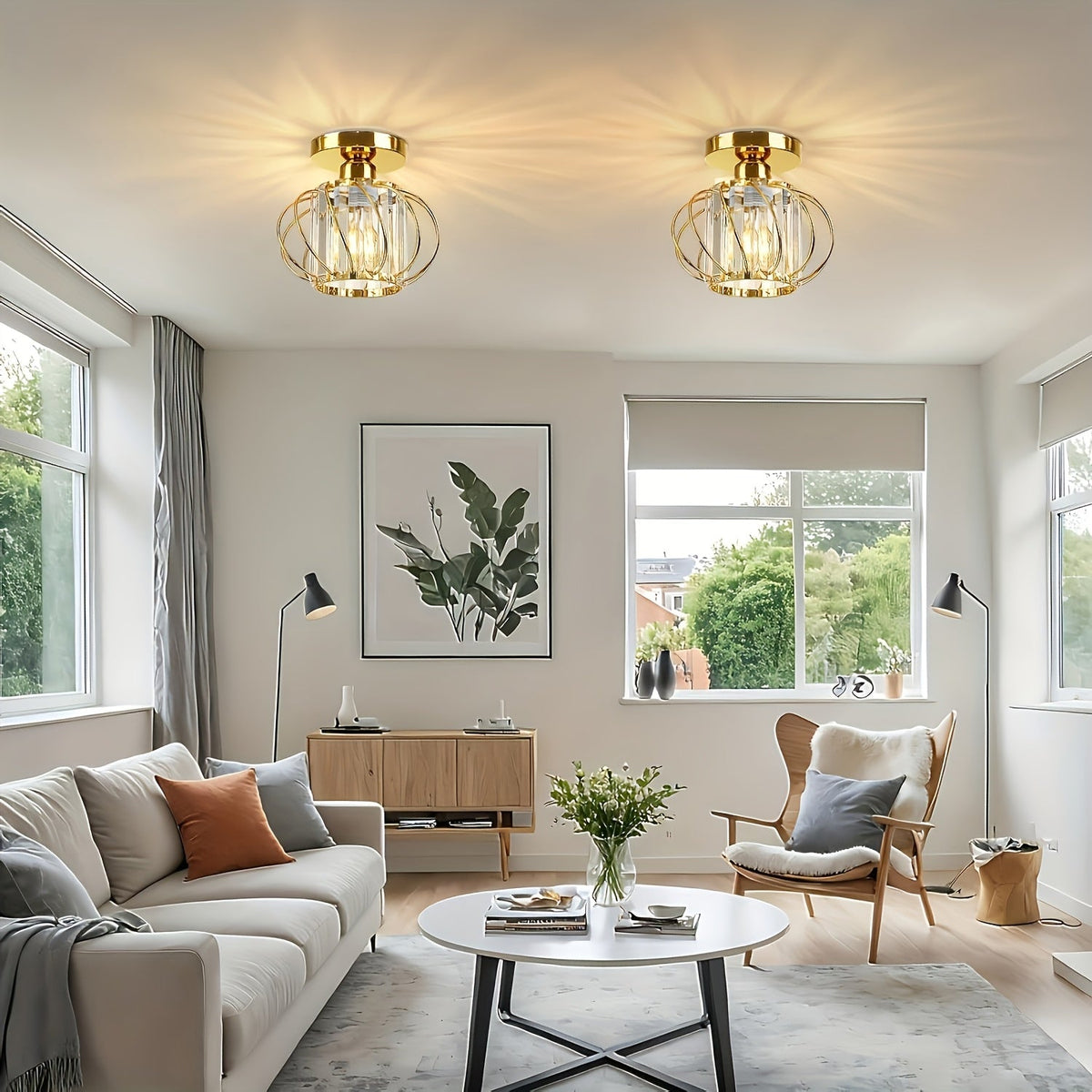 Modern Industrial Cage Ceiling Light | Elegant Semi Flush Mount Fixture | Glass Metal Bedroom
