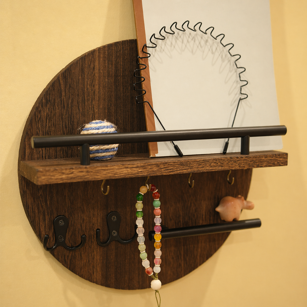 Round Wooden Key Holder | Stylish & Eco-Friendly Wall Organiser | Wood Metal Hallway