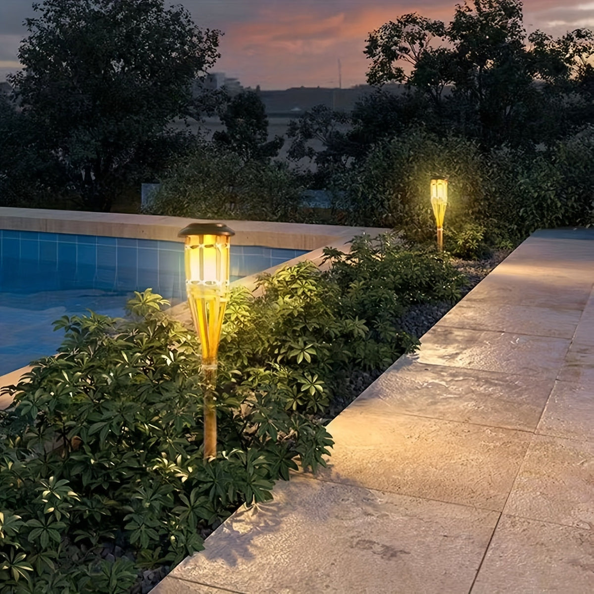 Solar Bamboo Flame Lights (2-Pack) | 12-LED Outdoor Solar Garden Lanterns | Outdoor Light