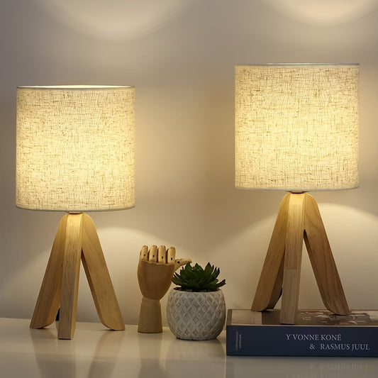 Nordic Wooden Tripod Table Lamp | Fabric Shade | Wood Woven Linen Bedside