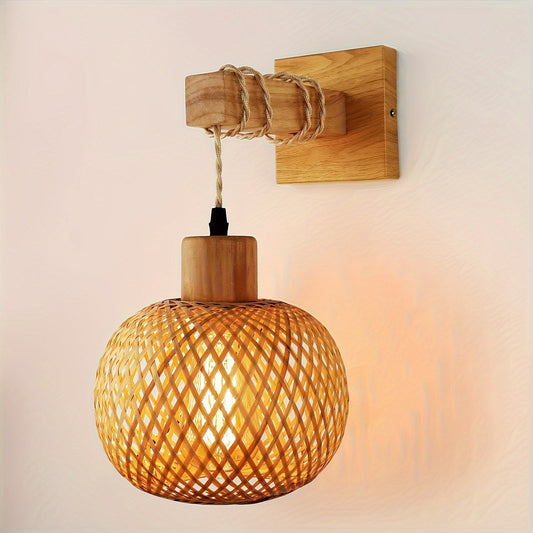 Rustic Wooden Wall Sconce | Handwoven Rattan & Wood Light Fixture | Handcrafted Nordic Bohemian