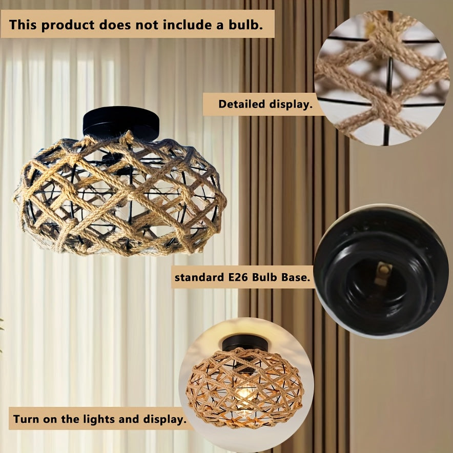 Bohemian Hemp Rope Ceiling Light | Handwoven Rustic Flush Mount Fixture | Handcrafted Bedroom