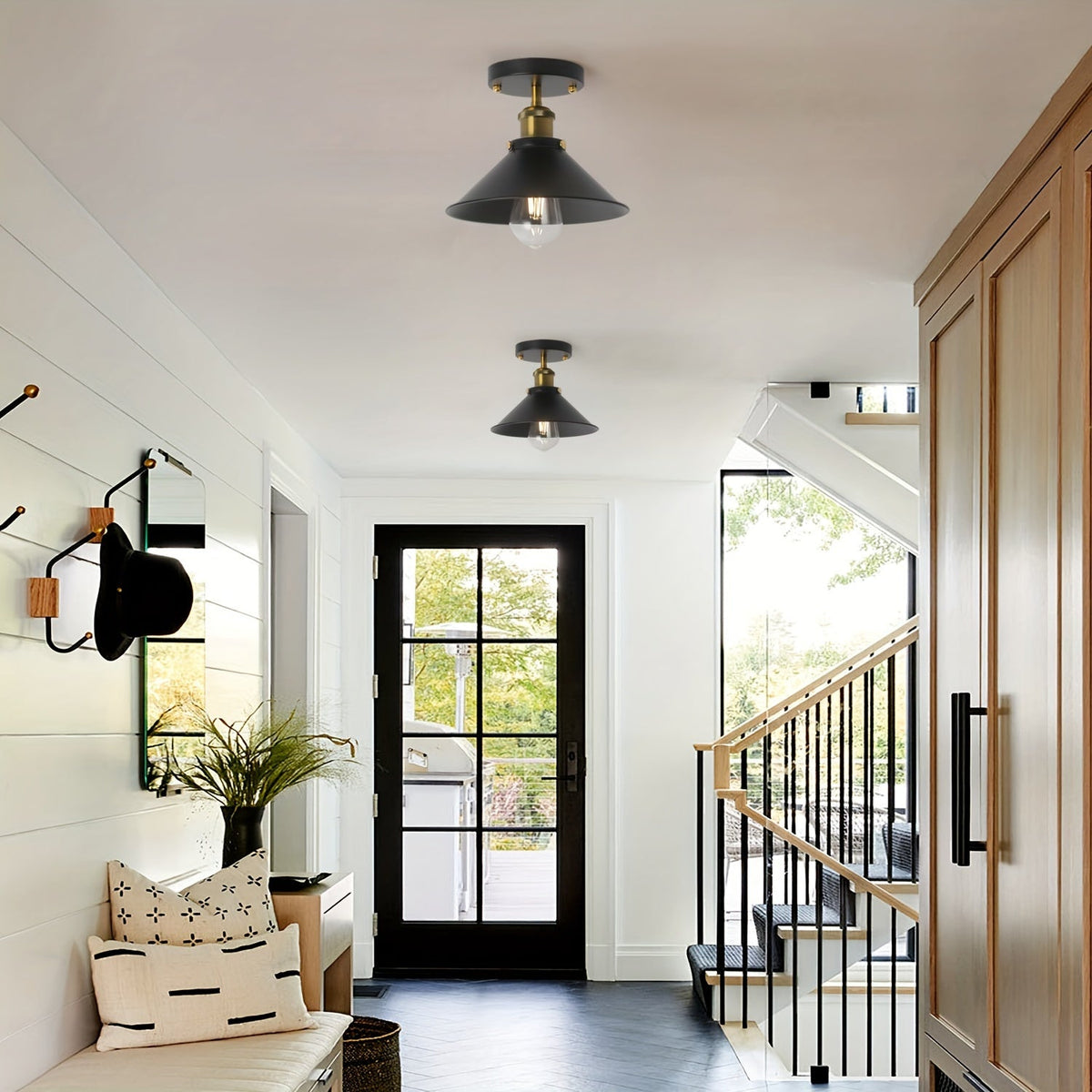 Industrial Black Semi Flush Mount Ceiling Light | Vintage Metal Pendant Fixture | Brass