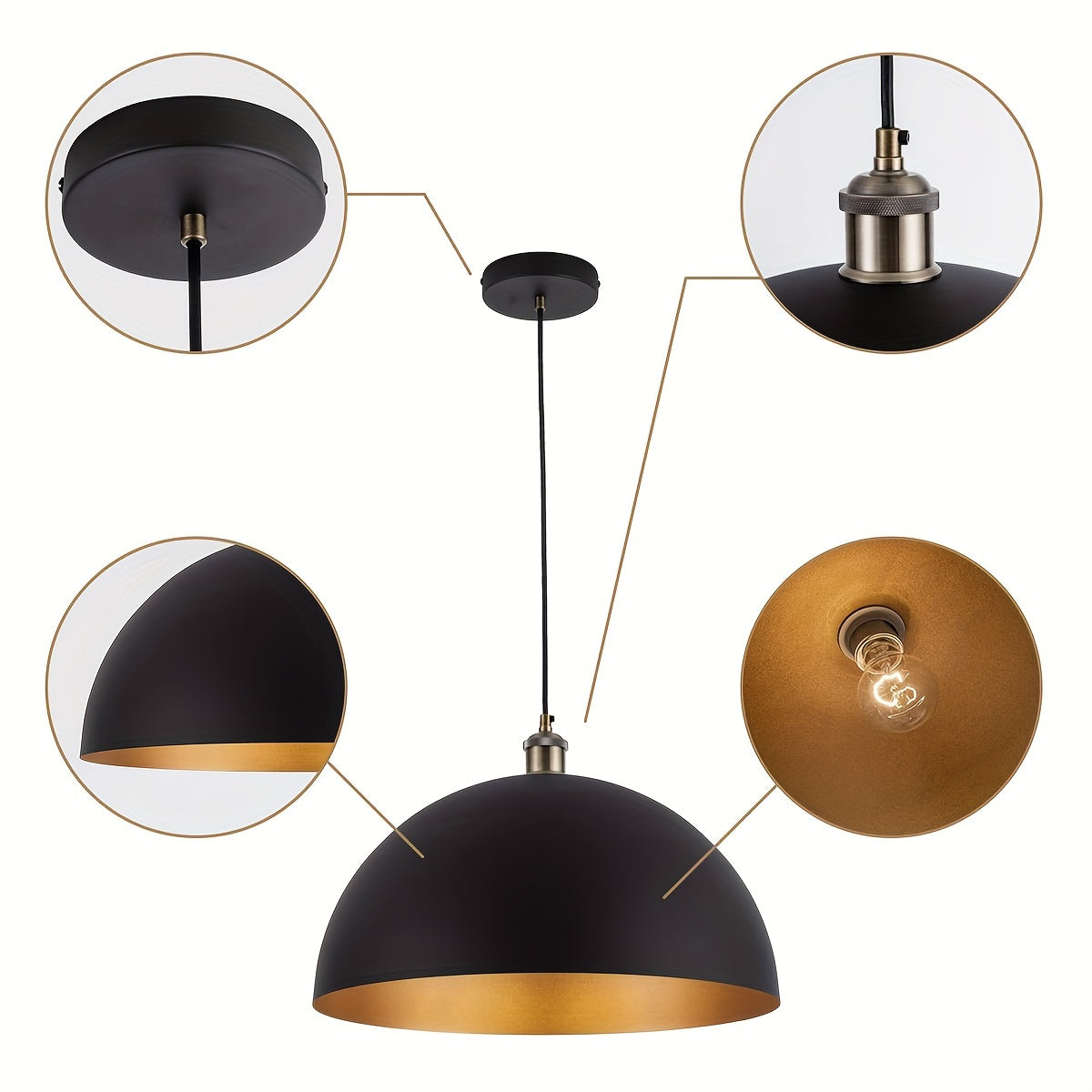 Vintage Industrial Dome Pendant Light | Black & Gold Iron Shade | Adjustable Vintage-inspired