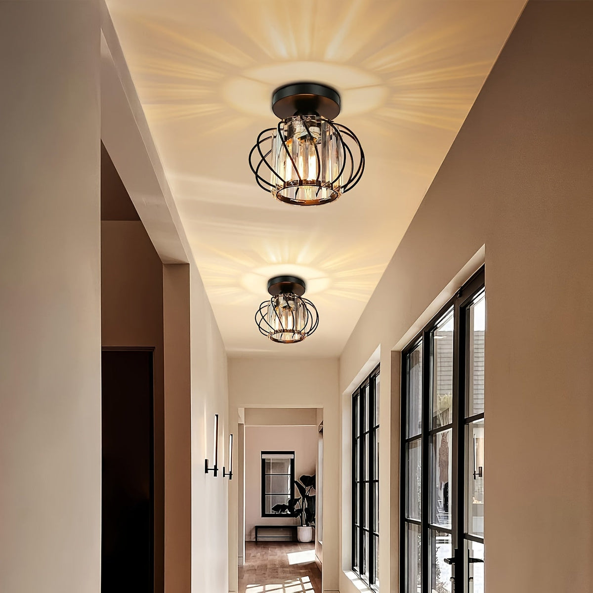 Modern Industrial Cage Ceiling Light | Elegant Semi Flush Mount Fixture | Glass Metal Bedroom