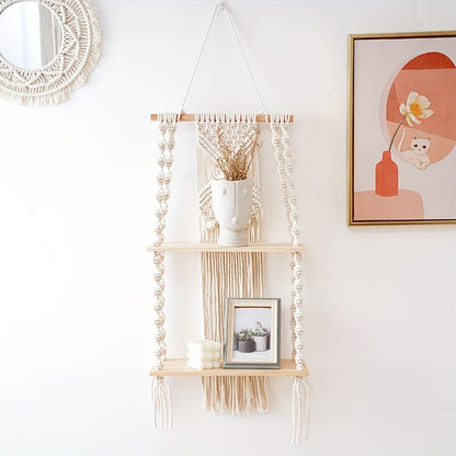 Boho Macrame Wall Shelf | 2-Tier Hanging Storage Rack | Wall Organiser Wood Natural Rope