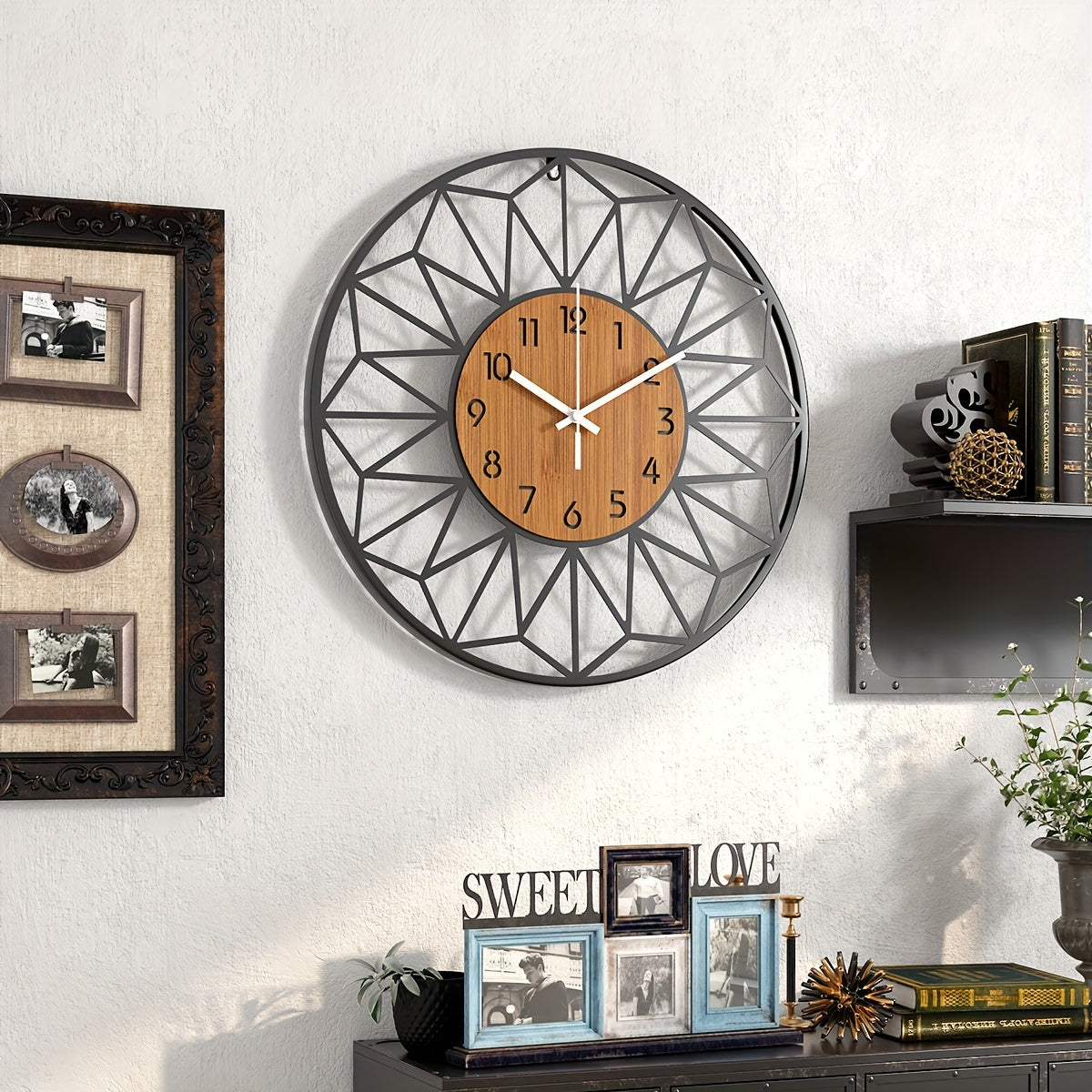 Modern Metal Wall Clock | Wood Grain Centre Design | Silent Industrial Kitchen