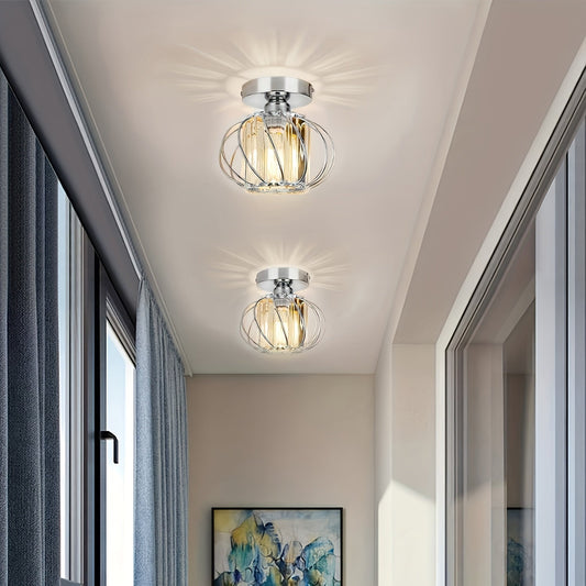 Modern Industrial Cage Ceiling Light | Elegant Semi Flush Mount Fixture | Glass Metal Bedroom