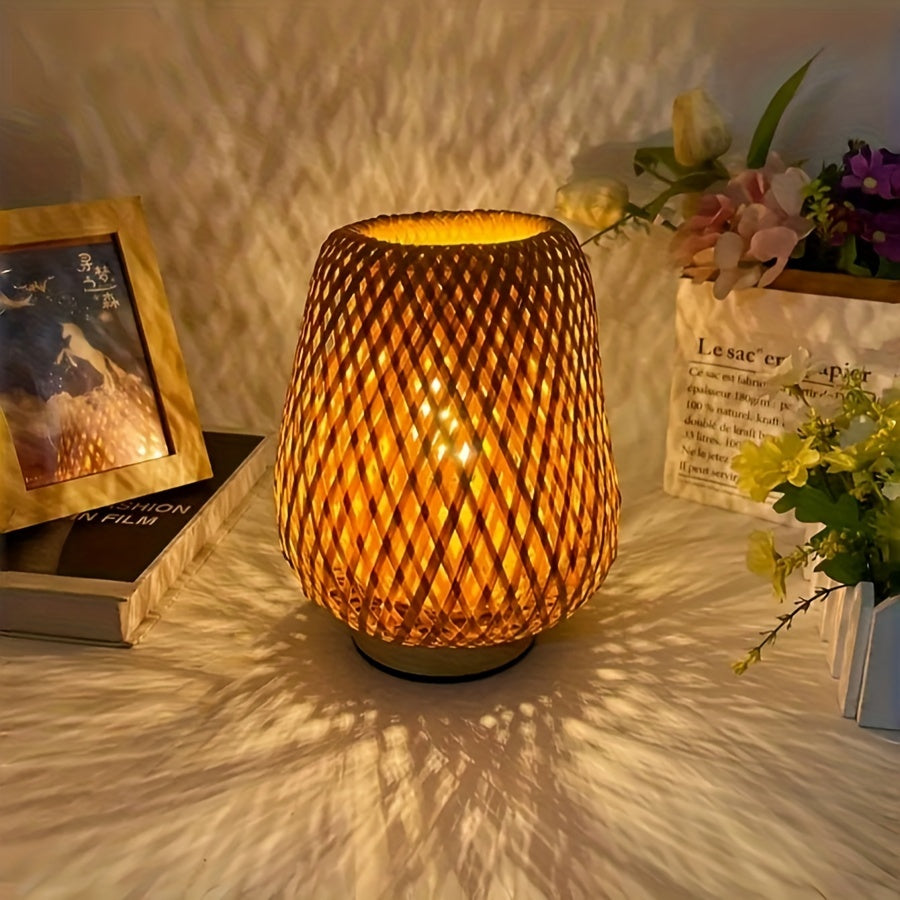 Handmade Bamboo Woven Bedside Lamp | Dimmable USB Table Light | Wood Rechargeable Handcrafted