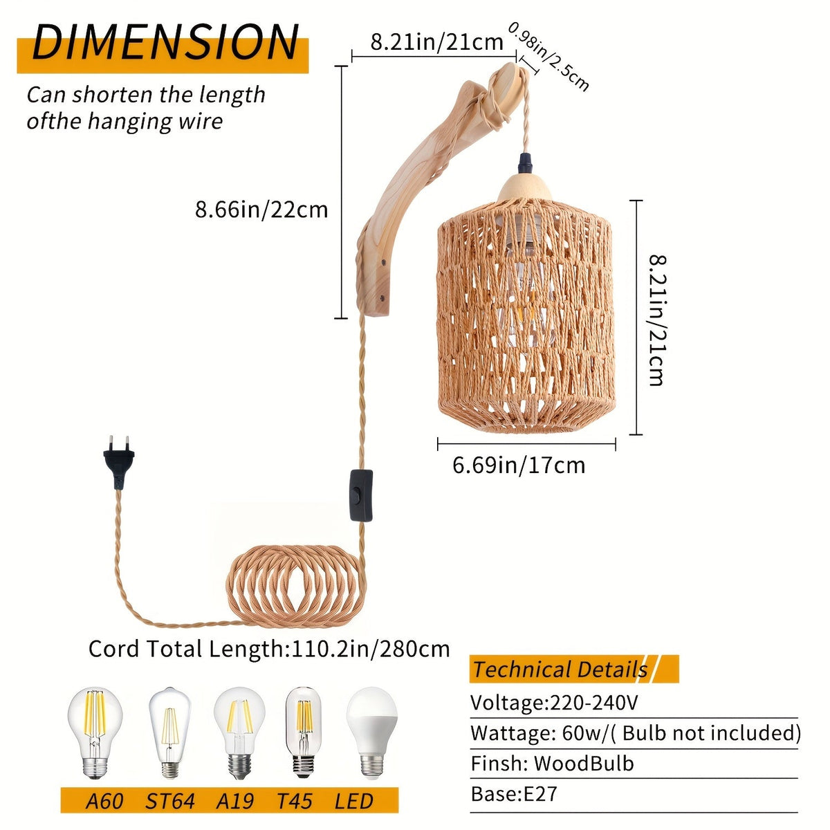 Boho Wood & Rattan Wall Lamp | Hand-Woven Plug-In Light | Adjustable Handcrafted Bohemian