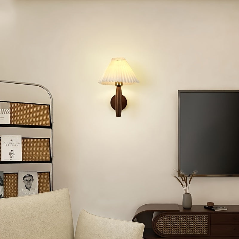 Nordic Wooden Wall Sconce | Retro Bedside Wall Lamp with Pleated Shade | Wall Light Wood