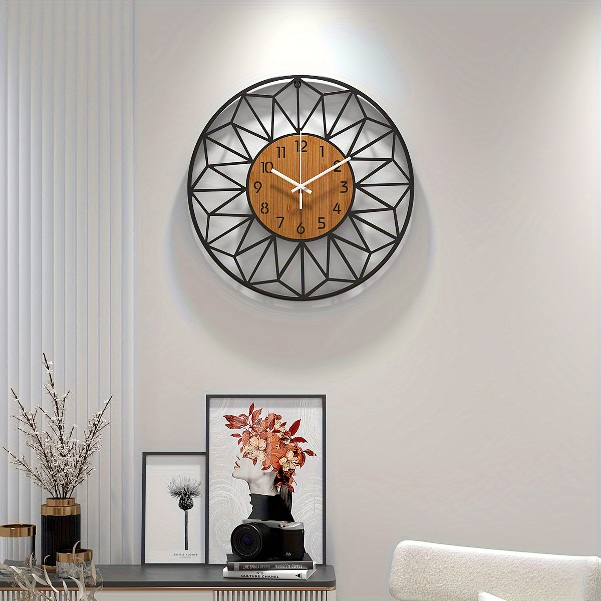 Modern Metal Wall Clock | Wood Grain Centre Design | Silent Industrial Kitchen
